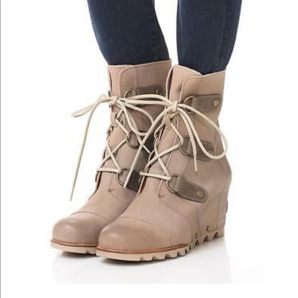 Sorel Beige Lace-Up Wedge Ankle Booties